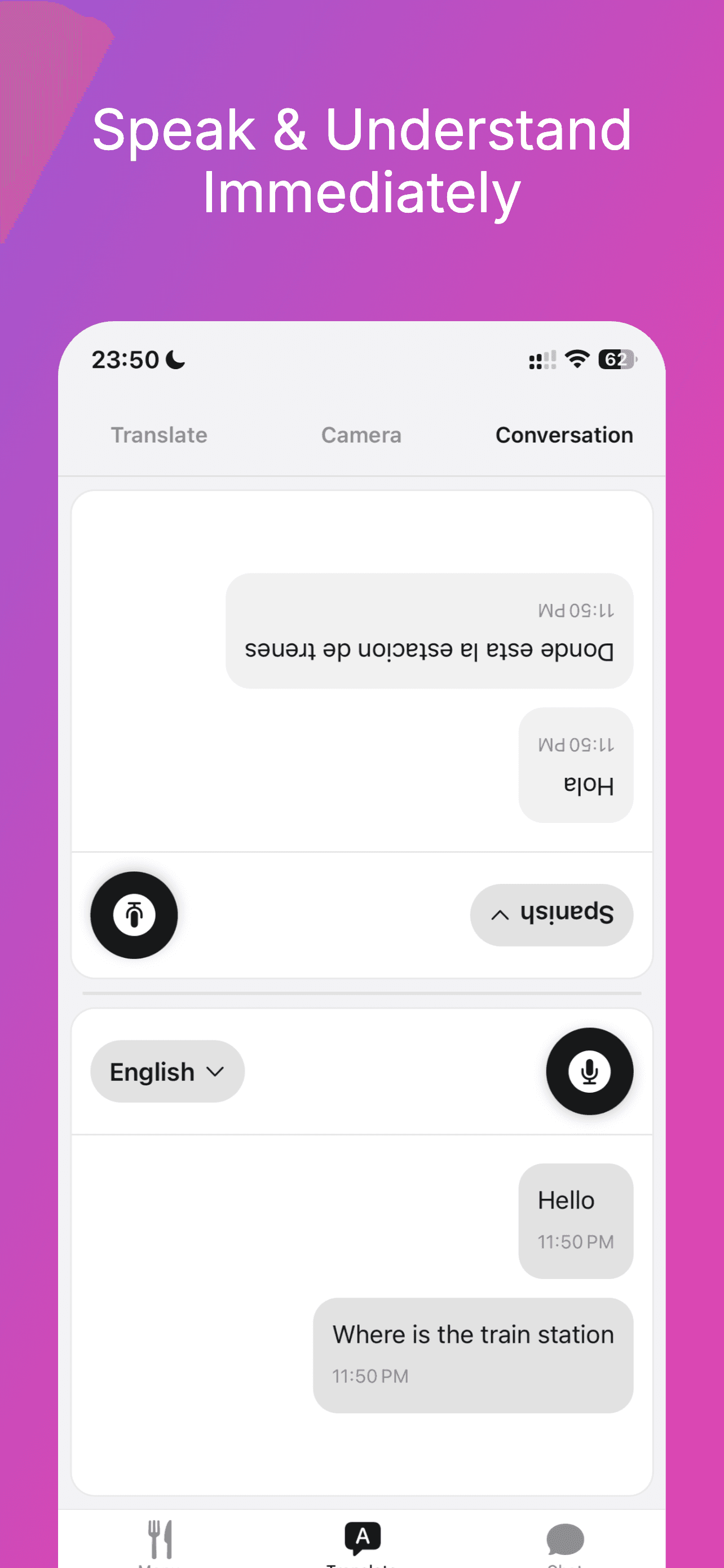 ترجمة الكاميرا في OfflineGPT — وجّه الكاميرا نحو قائمة أو لافتة للترجمة الفورية
